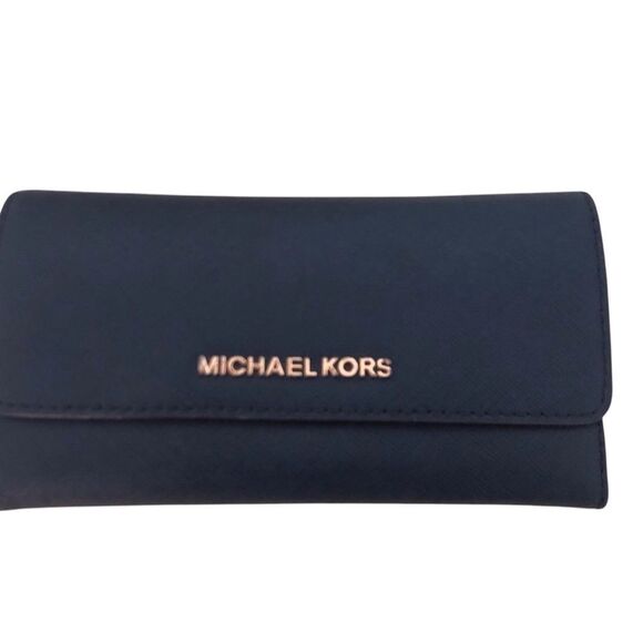Michael Kors Jet Set Large Saffiano Leather Snap-Front Wallet Navy - Picture 1 of 3